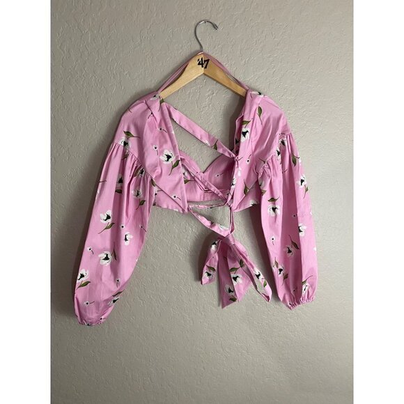 Milly Women's Pink Floral Long Sleeve Crop Blouse - Medium - Picture 3 of 10